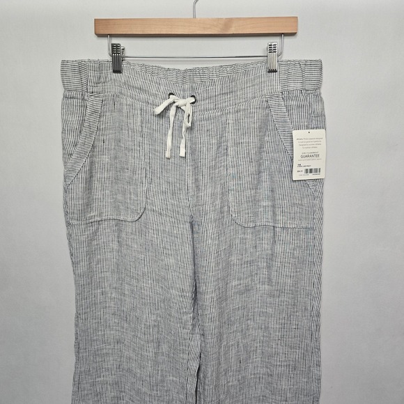 Athleta Linen Striped Wide Leg Pants Womens Size 14 Gray White Drawstring Casual - Picture 11 of 12
